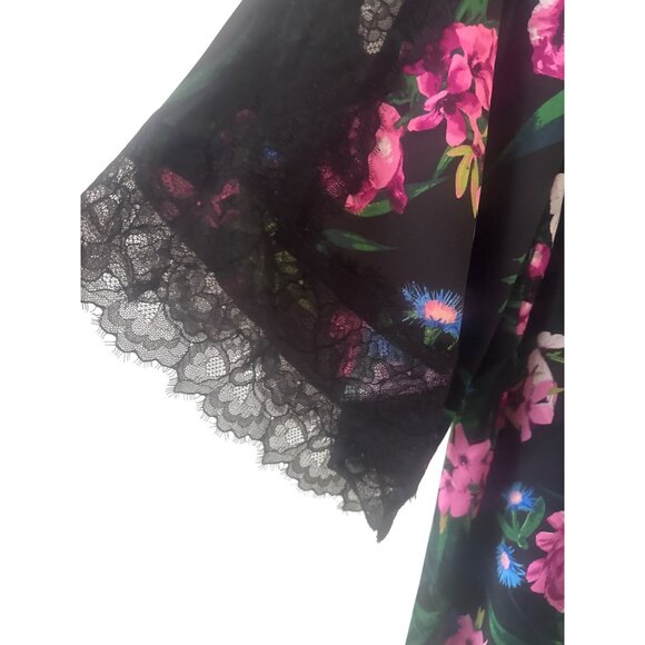 Victorias Secret Black Floral Kimono Robe Satin With Lace Trim - XS/S - Picture 2 of 6